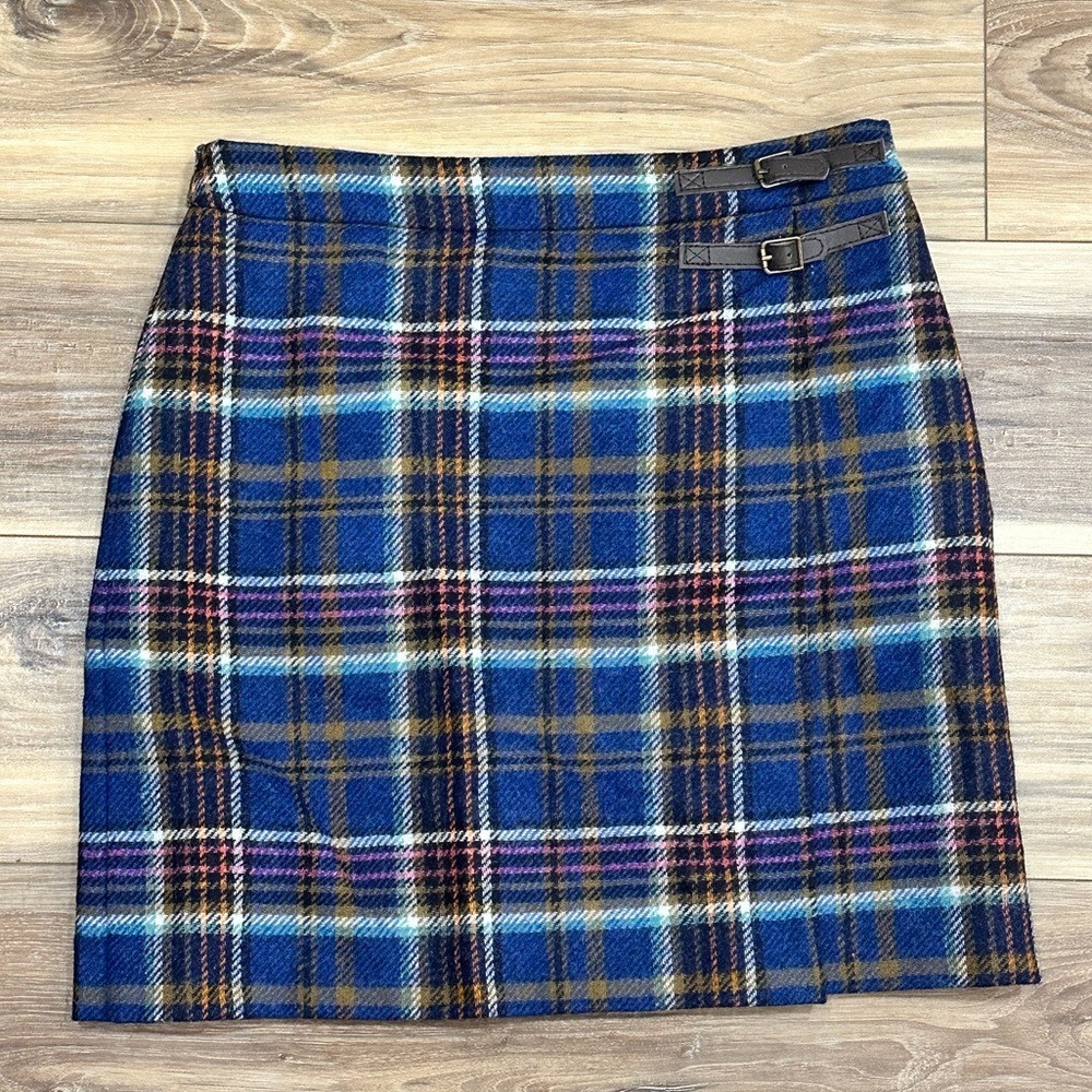 Boden British Tweed By MOON Blue Plaid Tartan Wool Mini Skirt 8 Regular